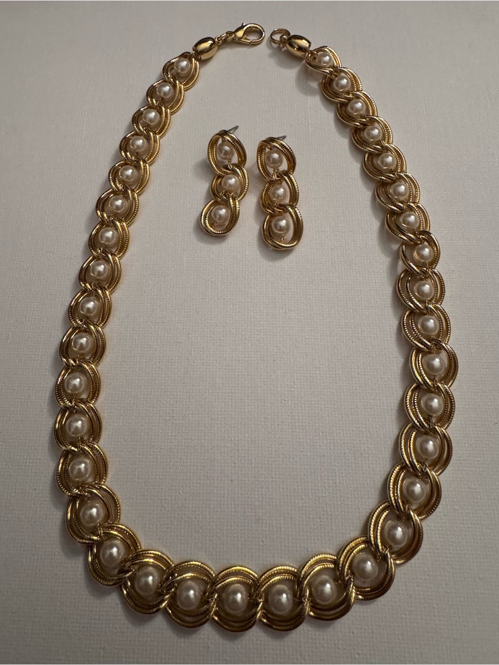 Vintage Gold Faux Pearl Statement Necklace & Drop Earring Set Runway Glam 80s